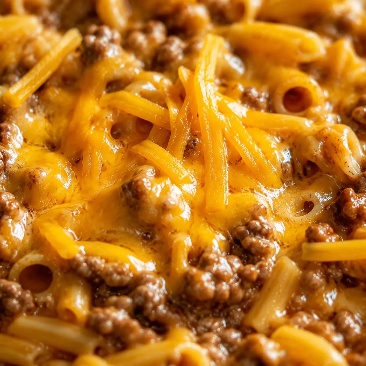 Melting cheddar over ground beef pasta close-up