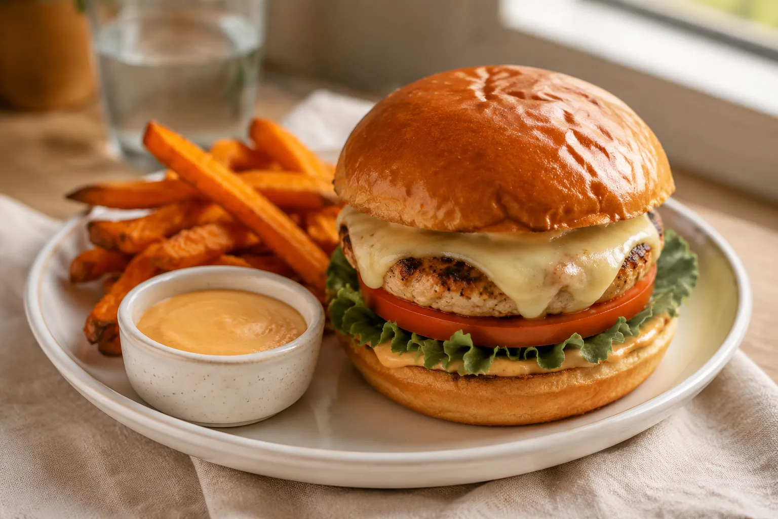 Plated turkey burger with sweet potato fries and burger sauce