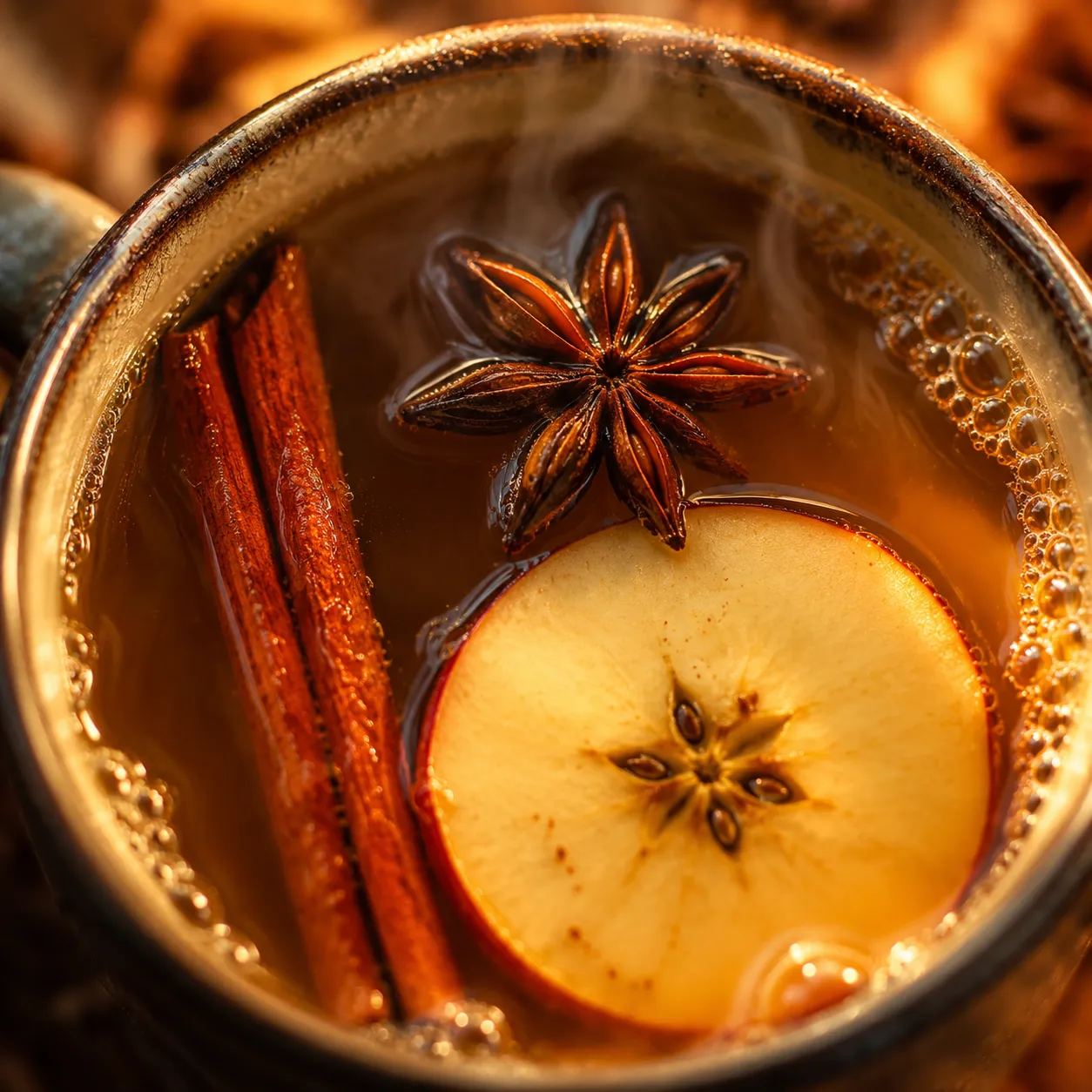 Macro close-up of apple cider with star anise and cinnamon