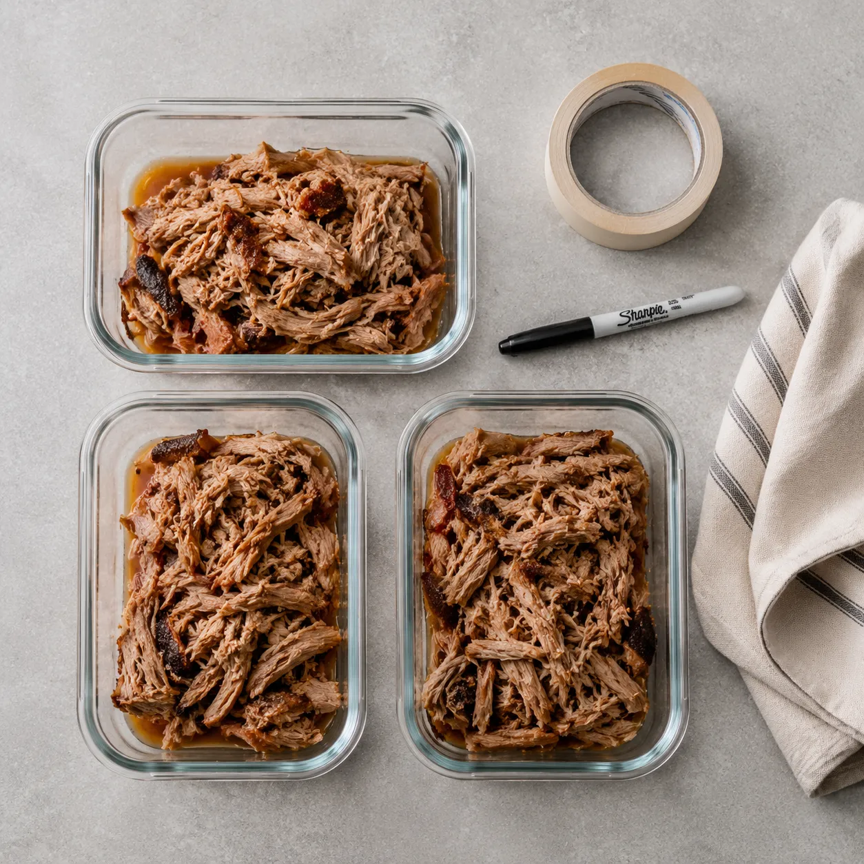 Pulled pork portioned into glass meal prep containers for storing and freezing.