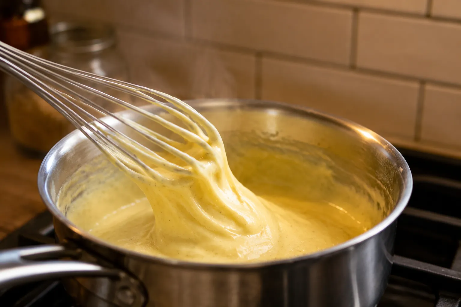 Whisking homemade vanilla custard for English trifle
