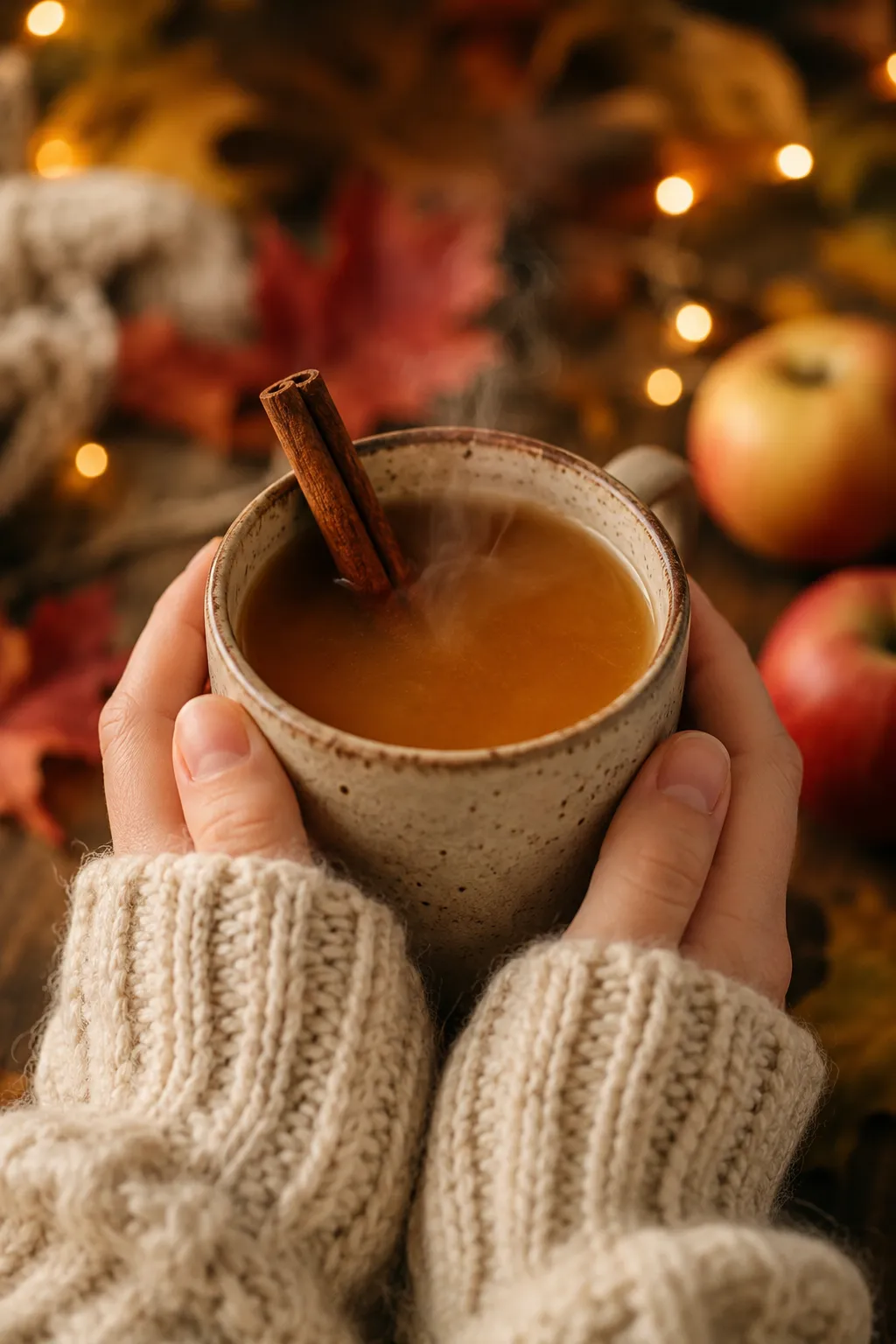 Hands holding a warm mug of homemade apple cider in autumn