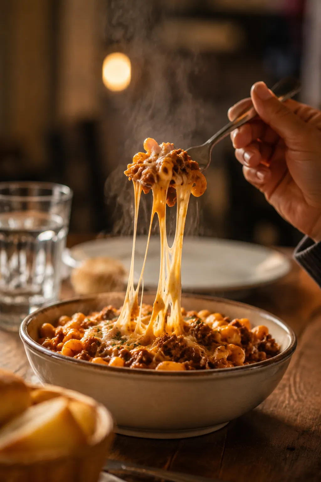 Serving cheesy ground beef pasta dinner with fork lift
