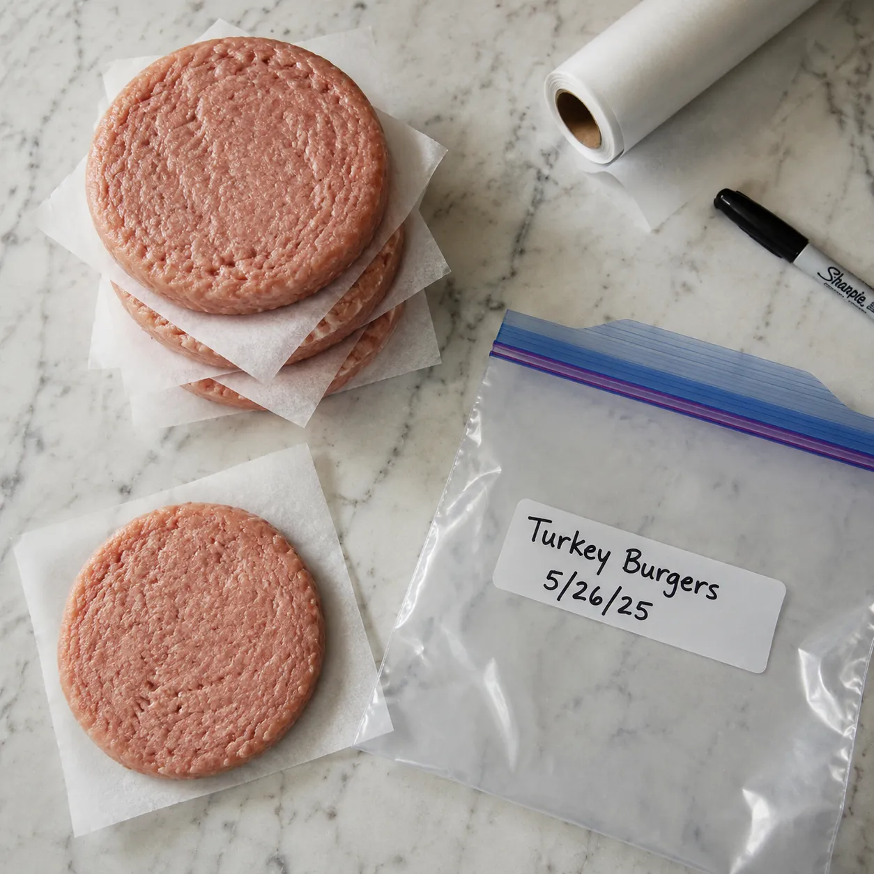 Raw turkey burger patties stacked with parchment for freezer storage