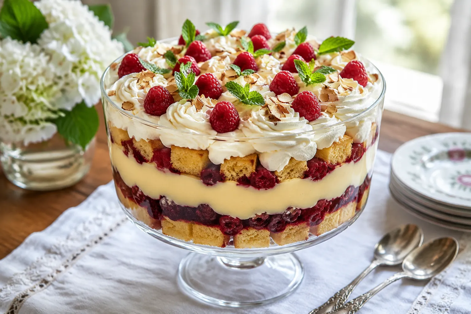 Finished English trifle topped with whipped cream, raspberries, and toasted almonds