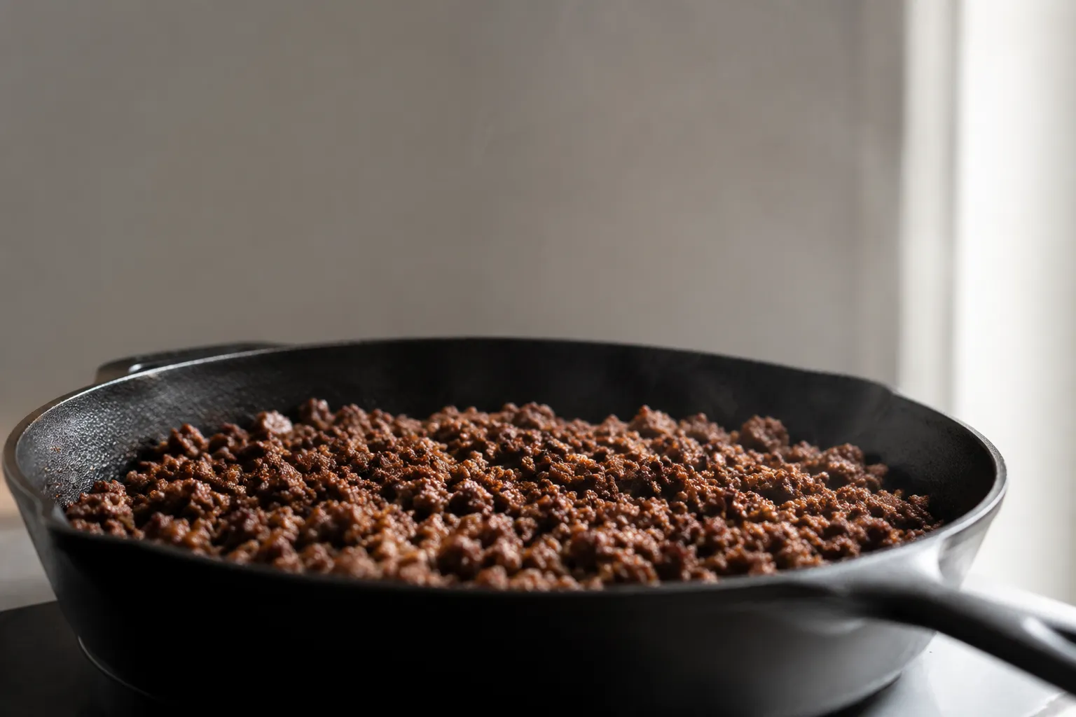 Properly browned ground beef crumbles in cast-iron skillet