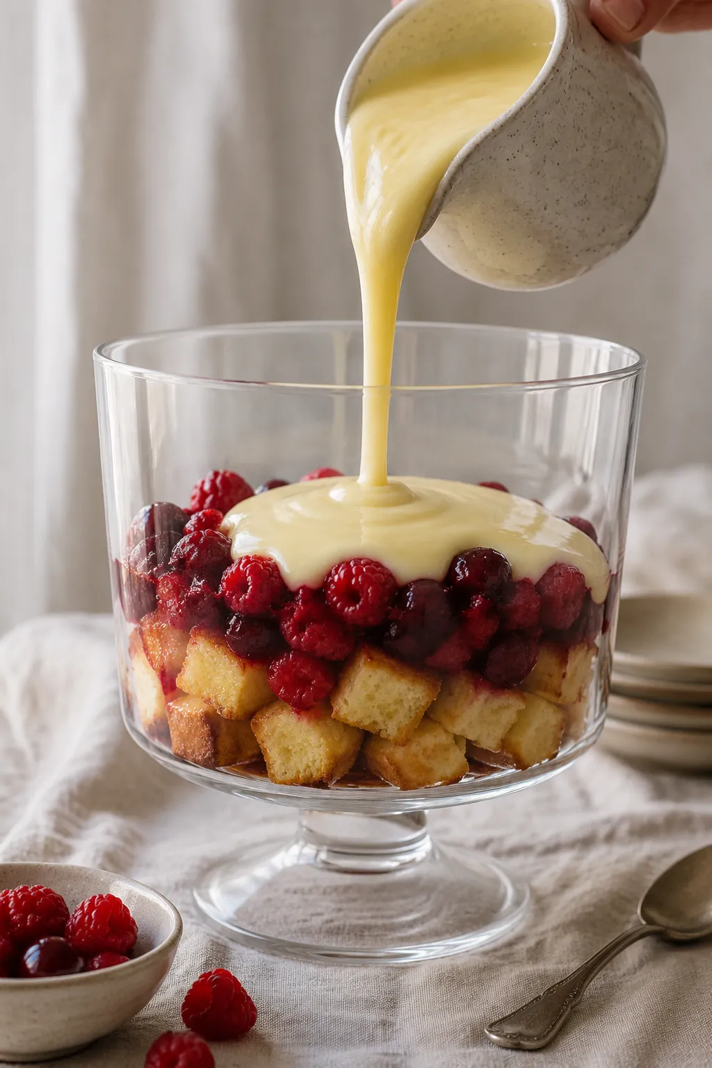 Pouring vanilla custard over berries and sponge cake to layer a trifle