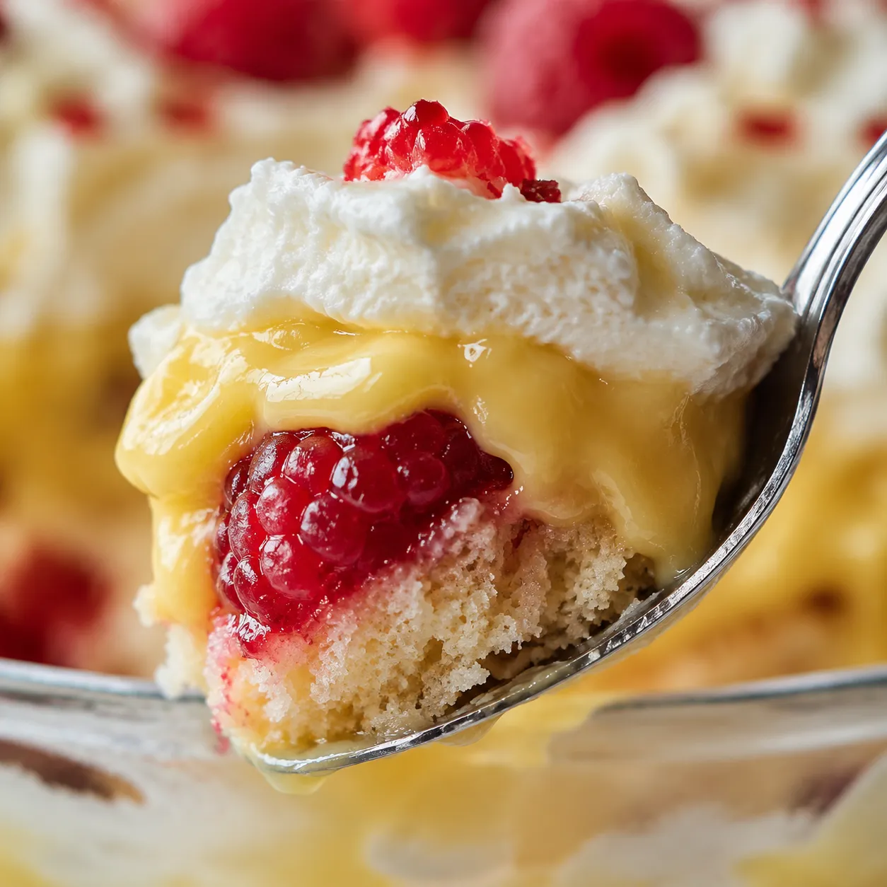Macro close-up of a trifle spoonful showing custard, berries, cake, and cream layers