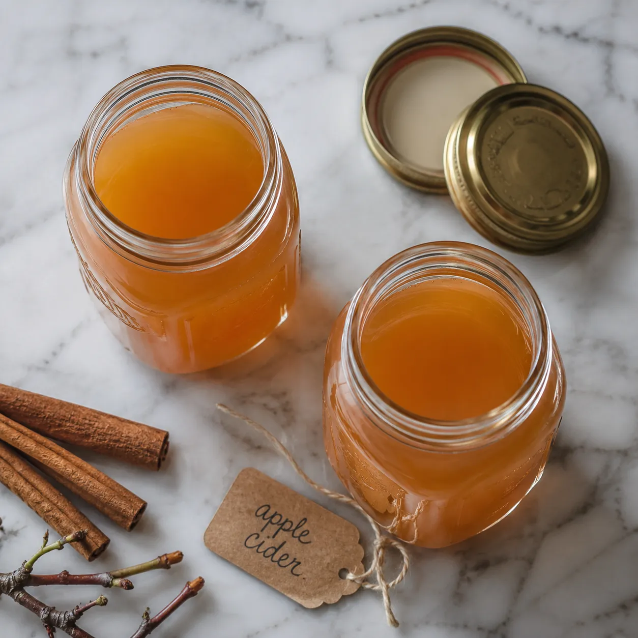Homemade apple cider stored in glass mason jars for the refrigerator
