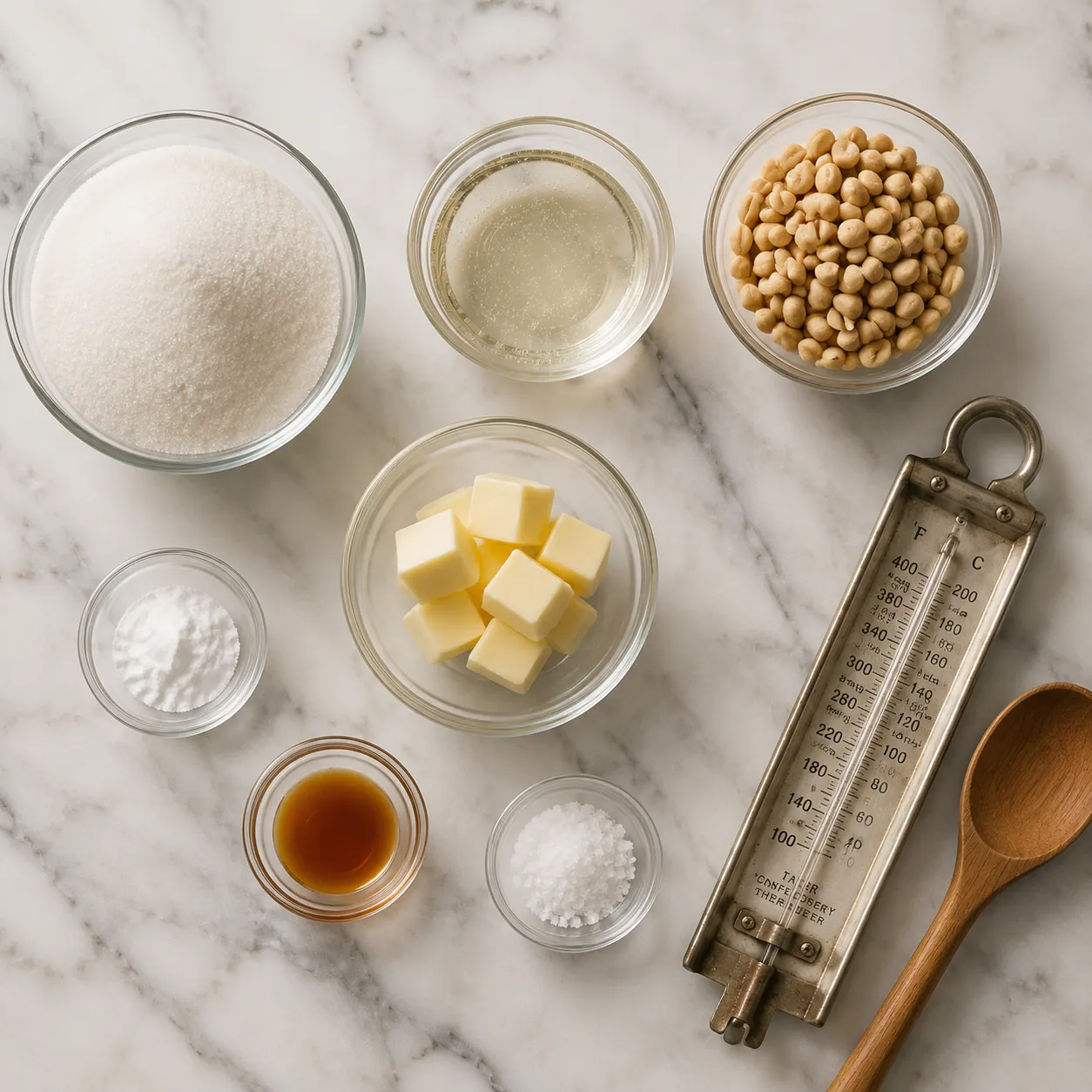 Peanut brittle ingredients flatlay with raw peanuts, sugar, corn syrup, and butter