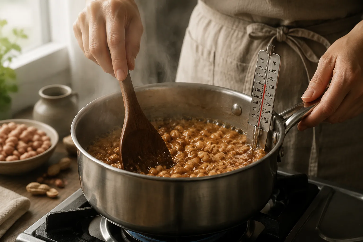 Stirring peanuts into hot sugar syrup while making peanut brittle