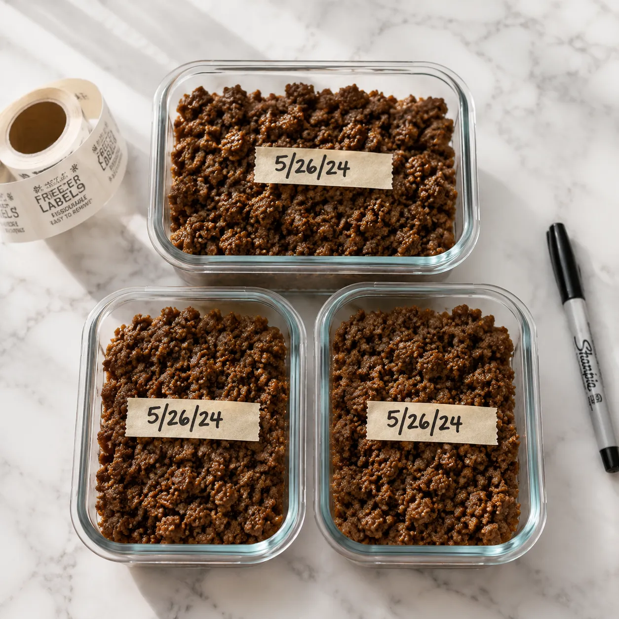 Cooked ground beef stored in glass meal prep containers for freezer