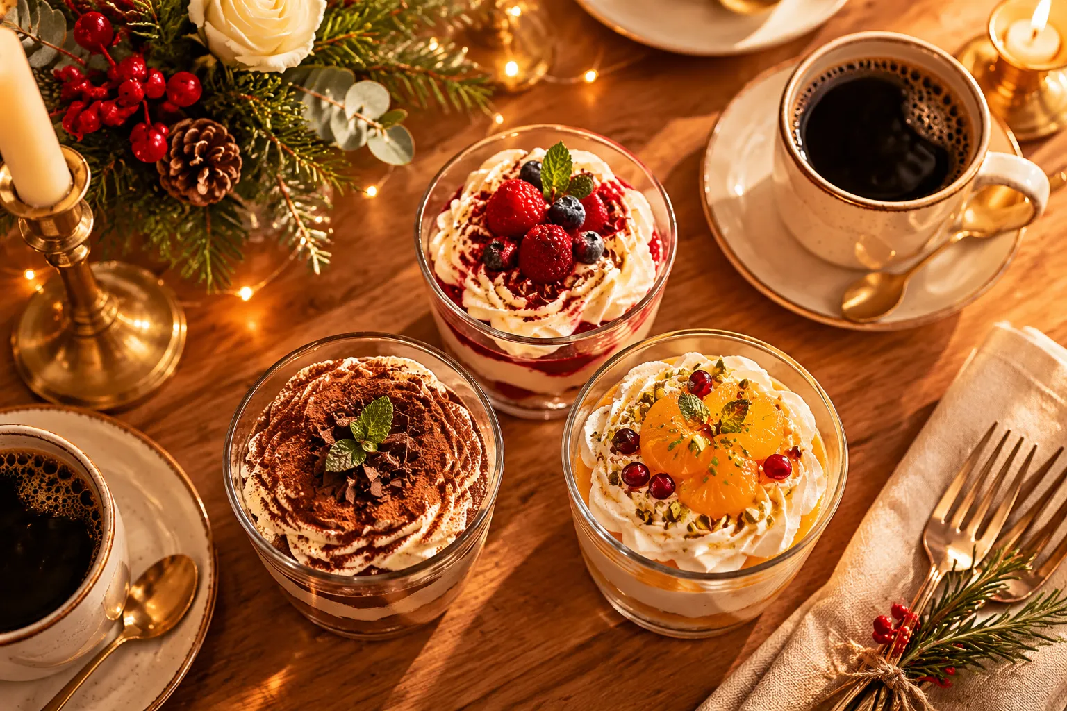 Individual trifle servings in glass cups on a holiday dessert table