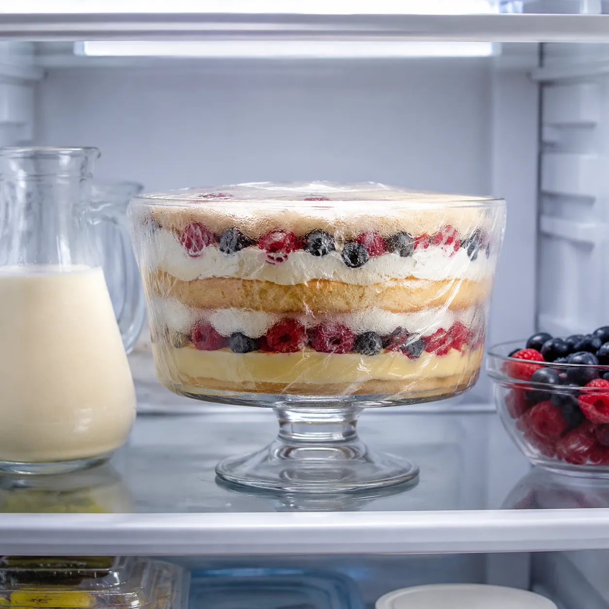Make-ahead trifle stored covered in the refrigerator