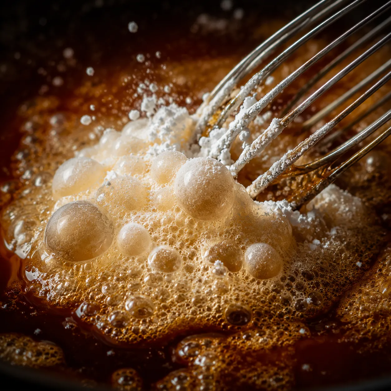 Baking soda foaming peanut brittle caramel for crispy texture