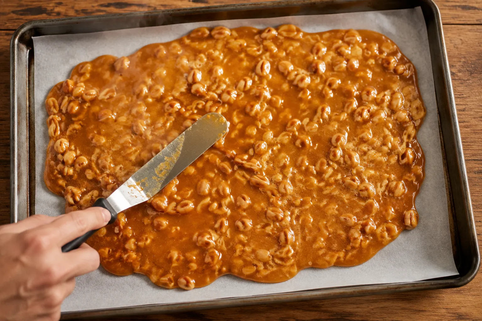 Spreading hot peanut brittle on a parchment-lined baking sheet