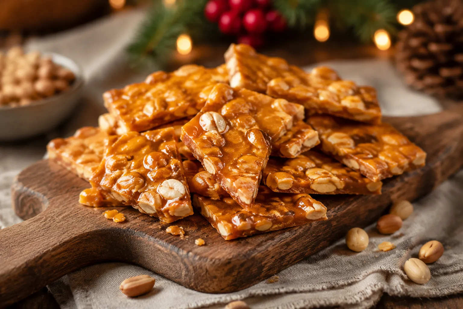 Homemade peanut brittle broken into shards on a wooden board