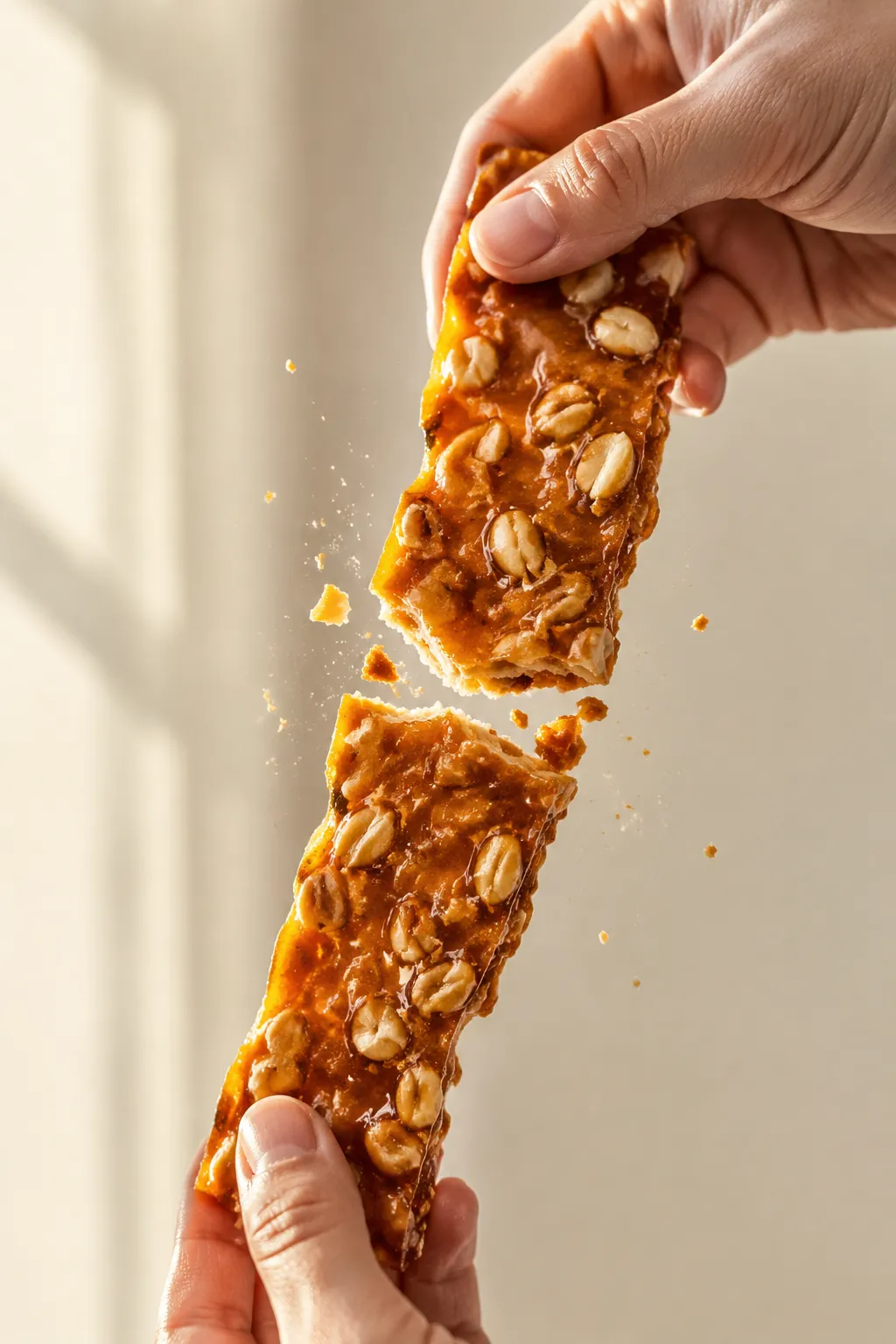 Hand snapping a piece of crispy peanut brittle in half