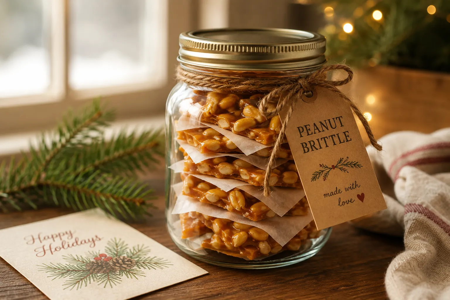 Peanut brittle stored in a glass gift jar with twine for the holidays