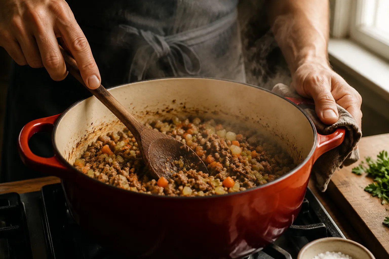 Browning Italian sausage and mirepoix for pasta fagioli soup in a Dutch oven