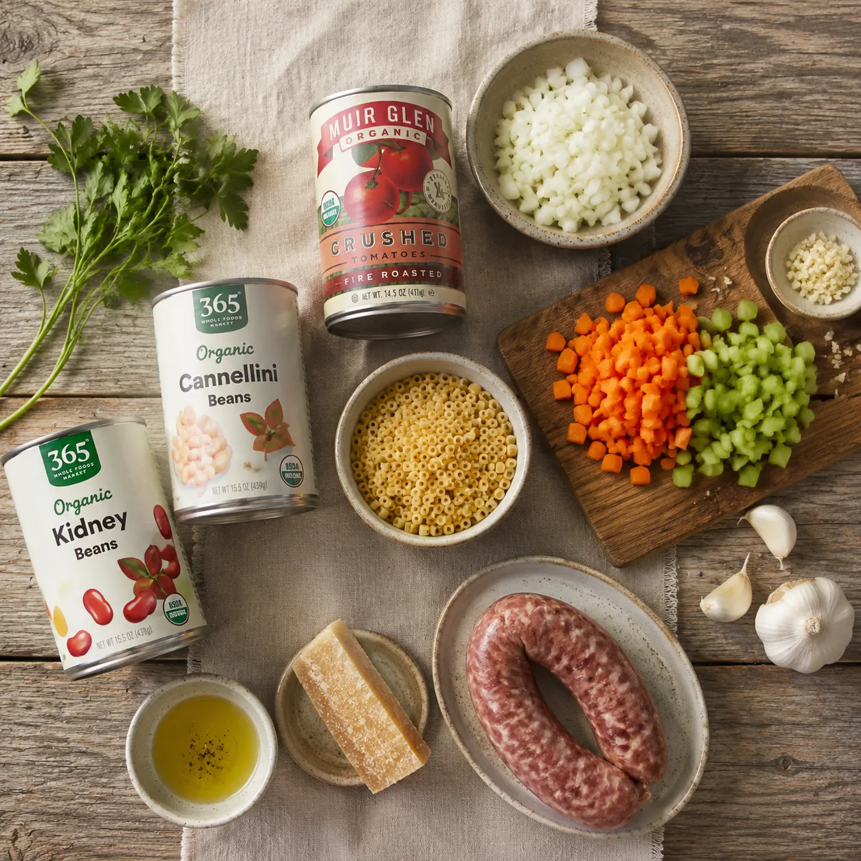 Pasta fagioli ingredients flatlay including beans, ditalini, tomatoes, vegetables, and Parmesan rind