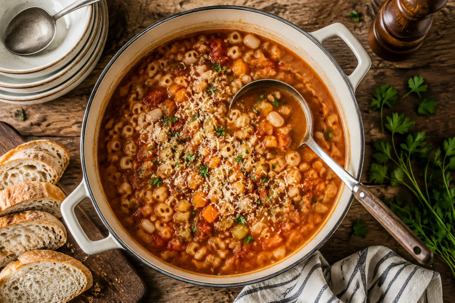 Overhead pot of finished pasta fagioli soup with ladle and crusty bread
