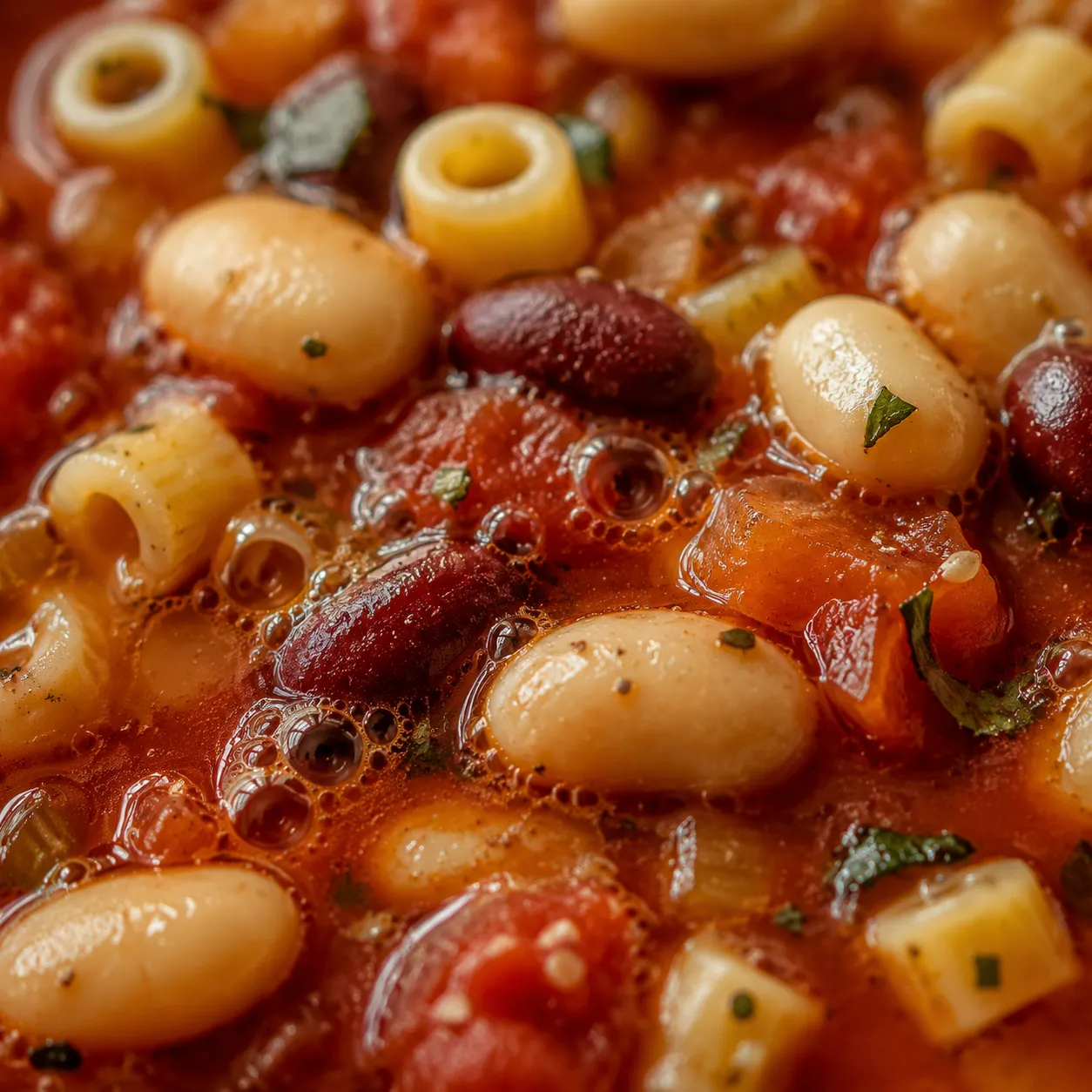 Close-up of beans and ditalini pasta simmering in pasta fagioli broth