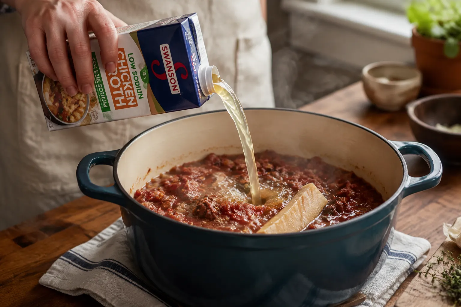 Adding broth and Parmesan rind to pasta fagioli soup base