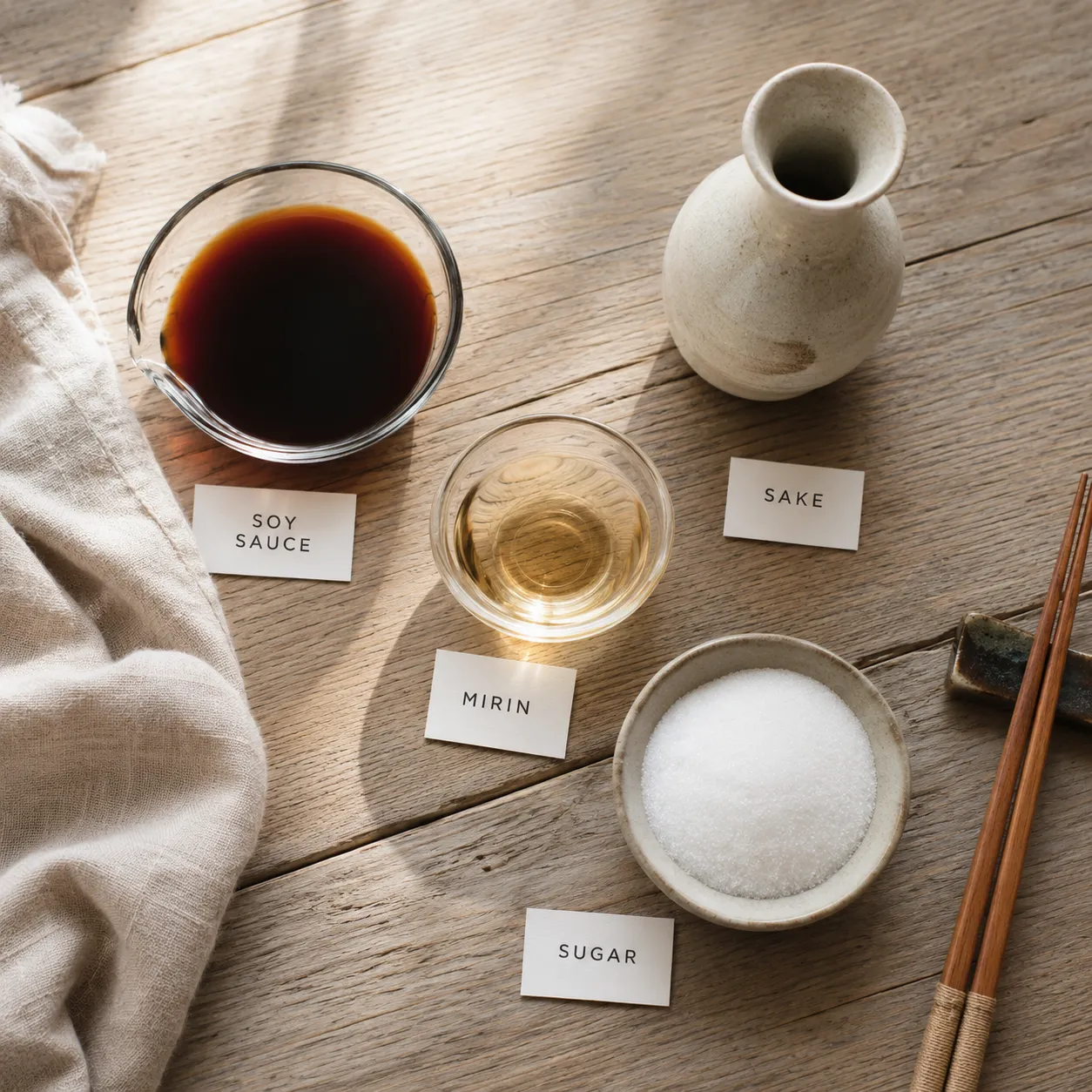 Eel sauce ingredients flatlay with soy sauce, mirin, sake, and sugar in prep bowls