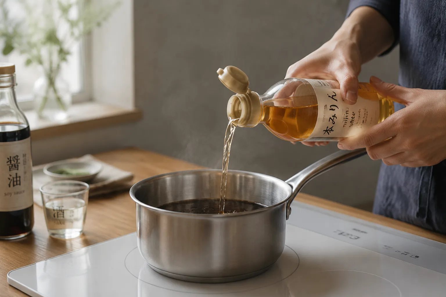 Pouring mirin into a saucepan with soy sauce and sake to start eel sauce