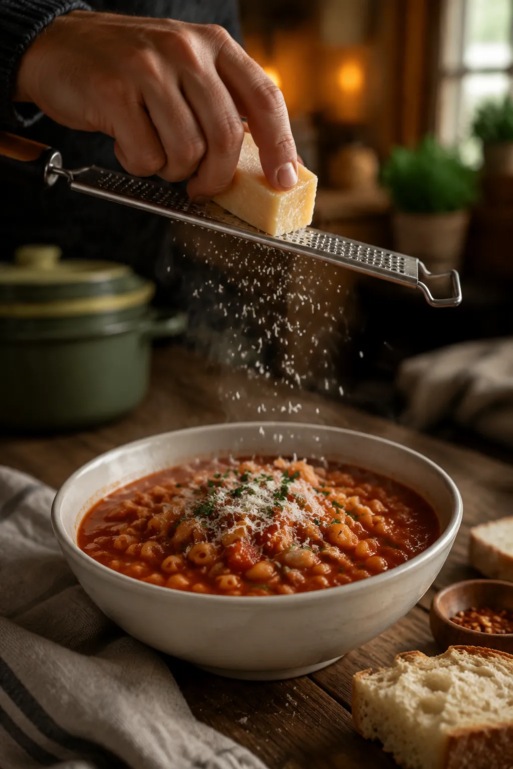 Grating Parmesan over a bowl of pasta fagioli soup