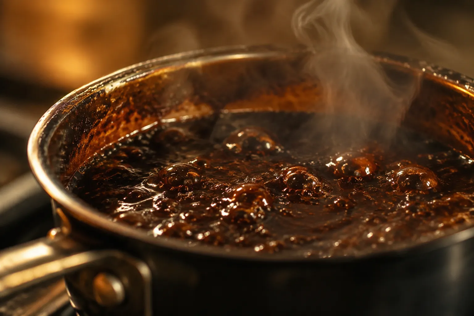 Homemade eel sauce reducing in a saucepan into a glossy syrup