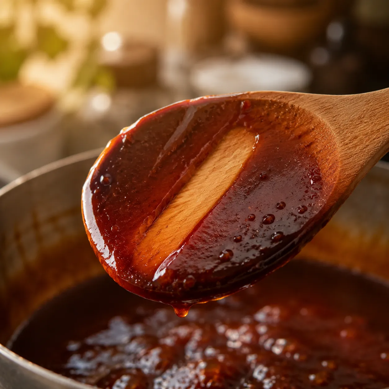 Finger-streak test on a spoon coated in finished homemade eel sauce