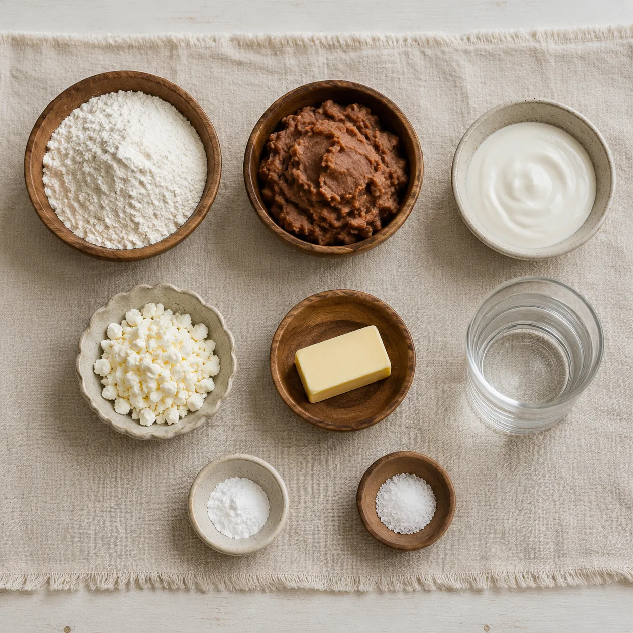 Baleadas ingredients flatlay flour beans crema and queso seco