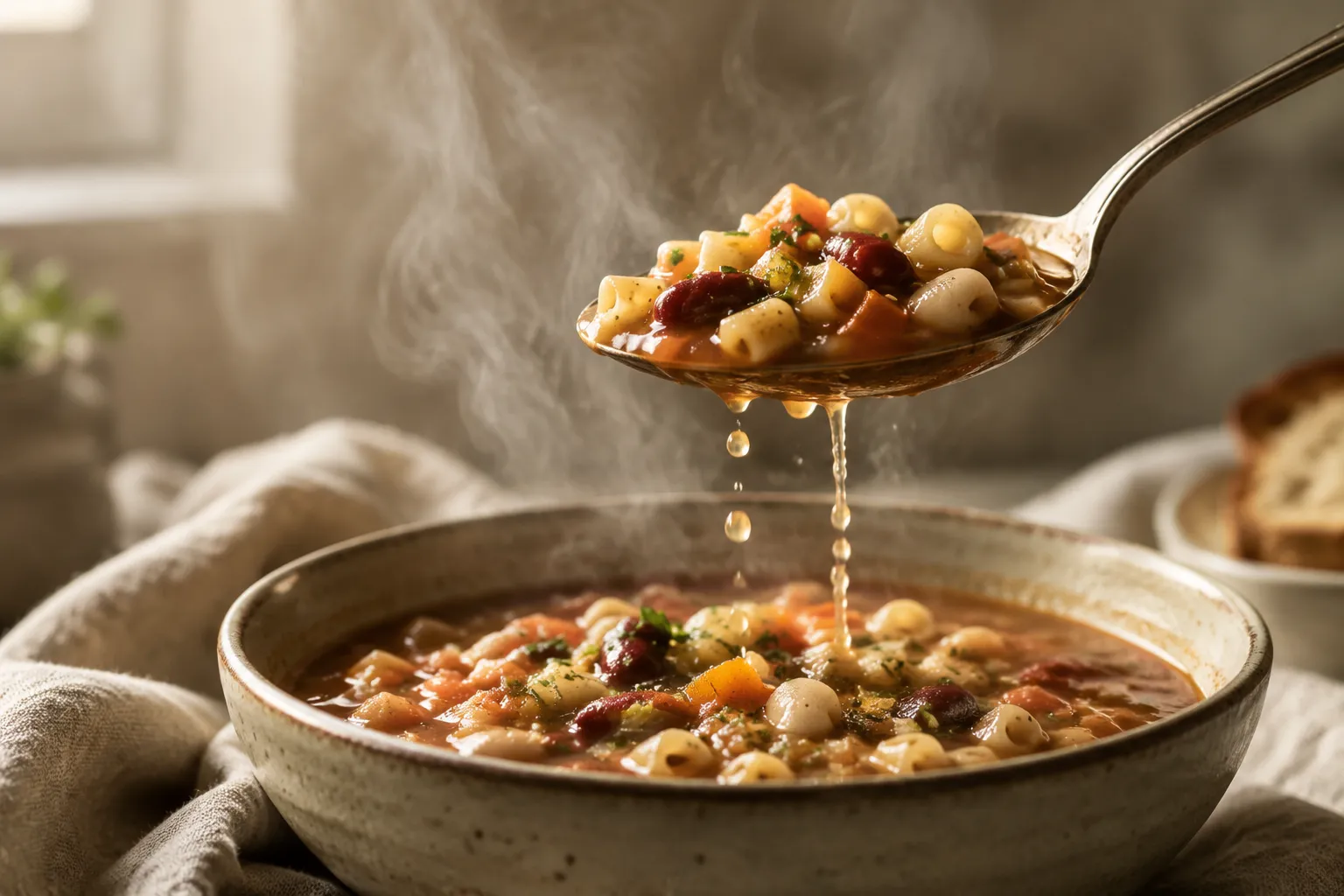 Spoonful of pasta fagioli soup with beans and ditalini lifted from the bowl