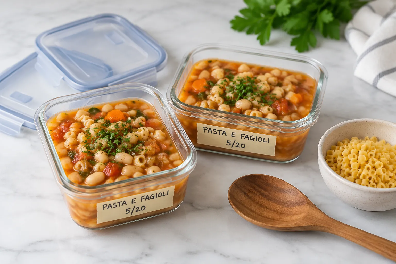 Pasta fagioli soup stored in glass meal prep containers for the fridge
