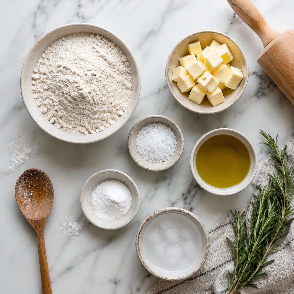 Gluten free crackers ingredients flatlay with flour butter and herbs