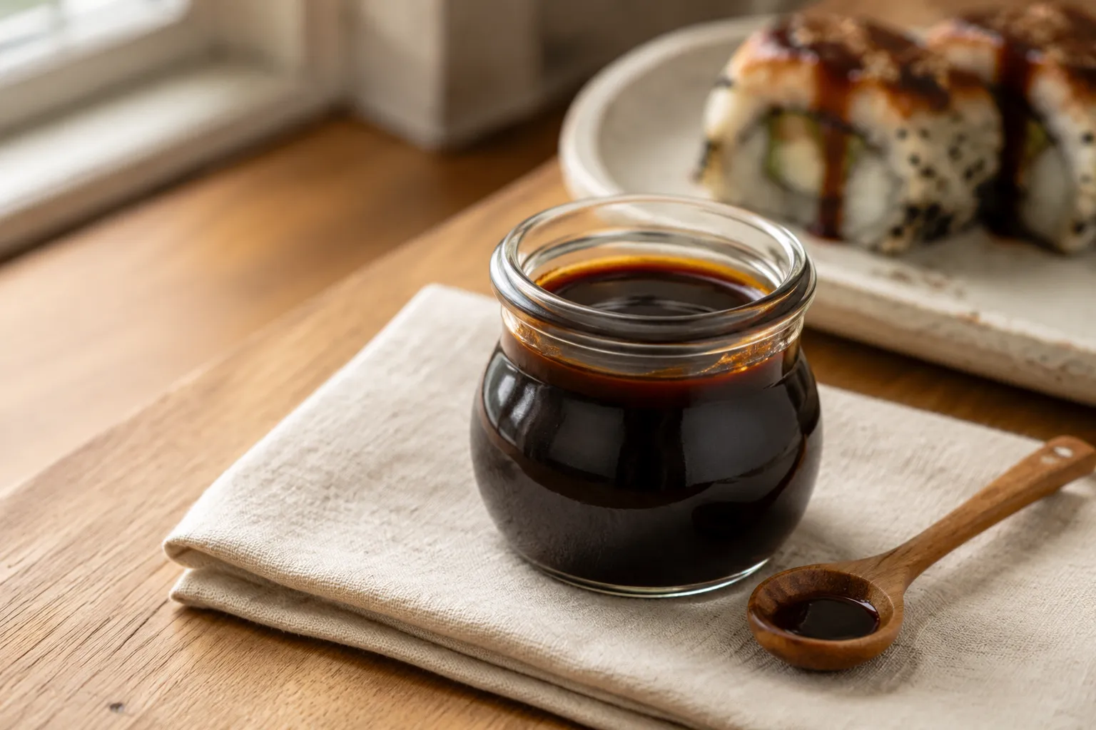 Finished eel sauce recipe poured into a small glass jar with a wooden spoon