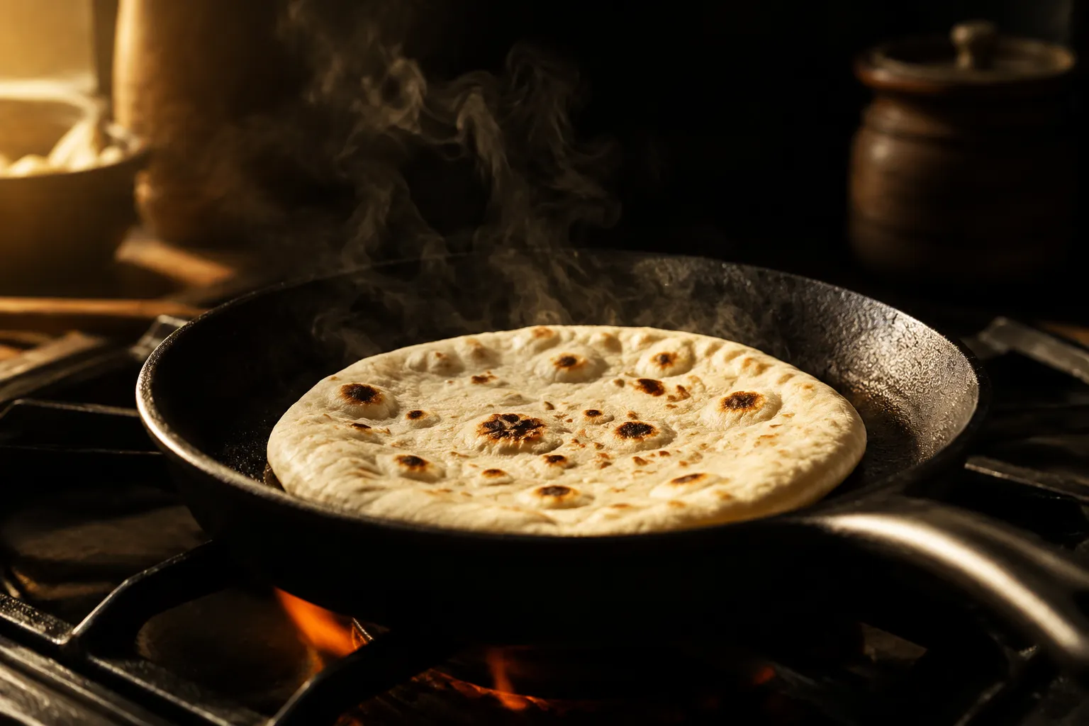 Flour tortilla blistering on a cast iron skillet for baleadas