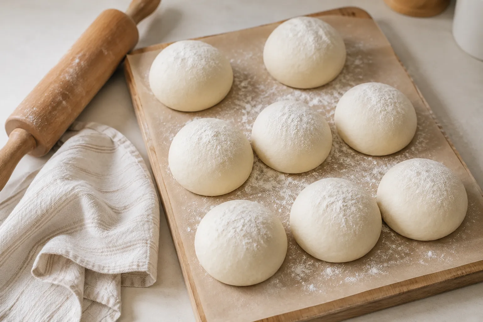 Rested baleada dough balls portioned and ready to roll