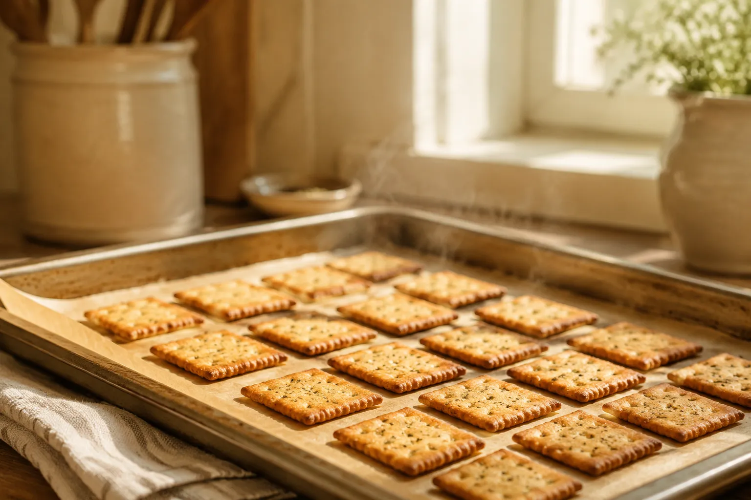 Baked gluten free crackers fresh from the oven on a sheet pan