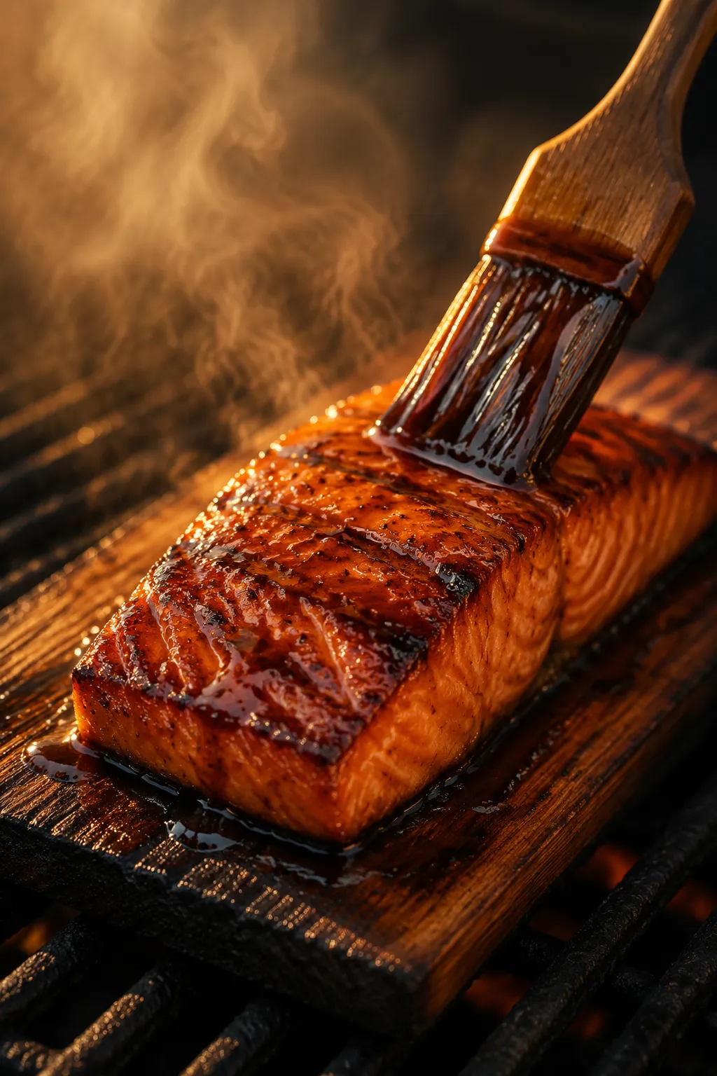 Brushing homemade eel sauce onto grilled salmon as a glaze