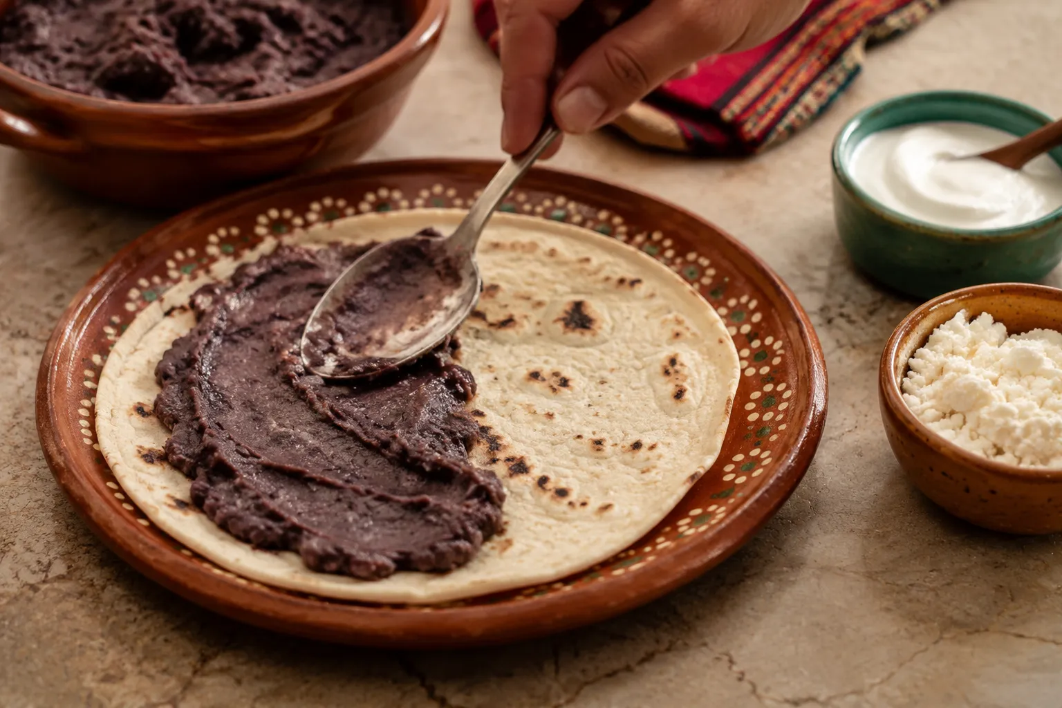 Spreading refried beans on a tortilla to assemble baleadas