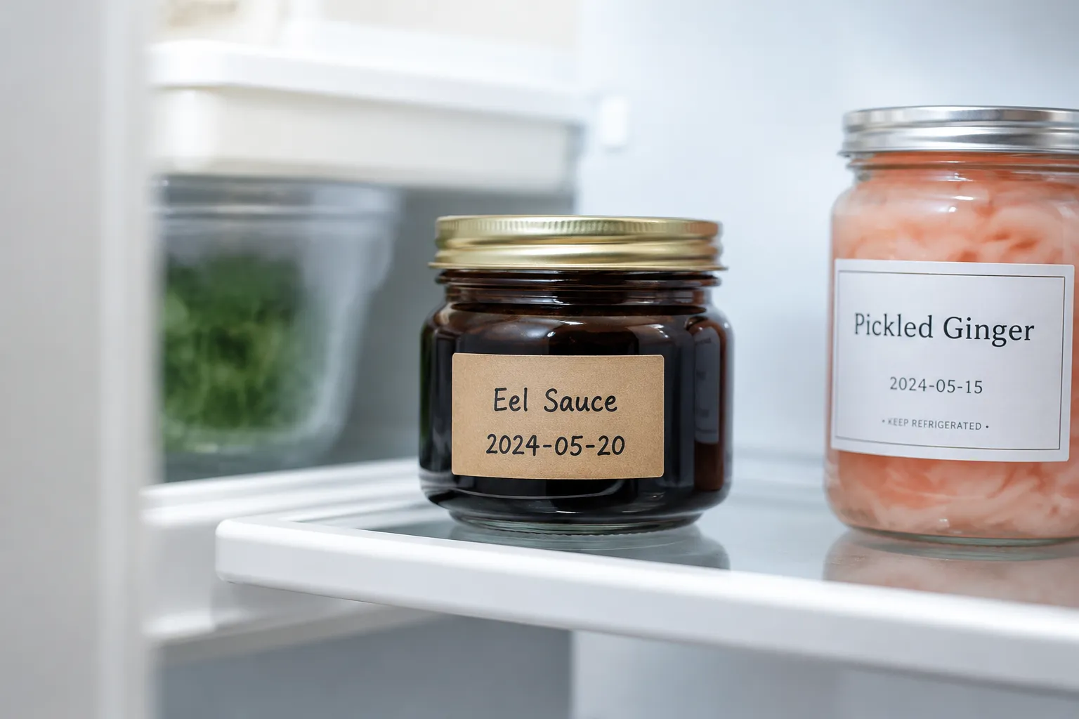 Homemade eel sauce stored in a labeled mason jar in the refrigerator