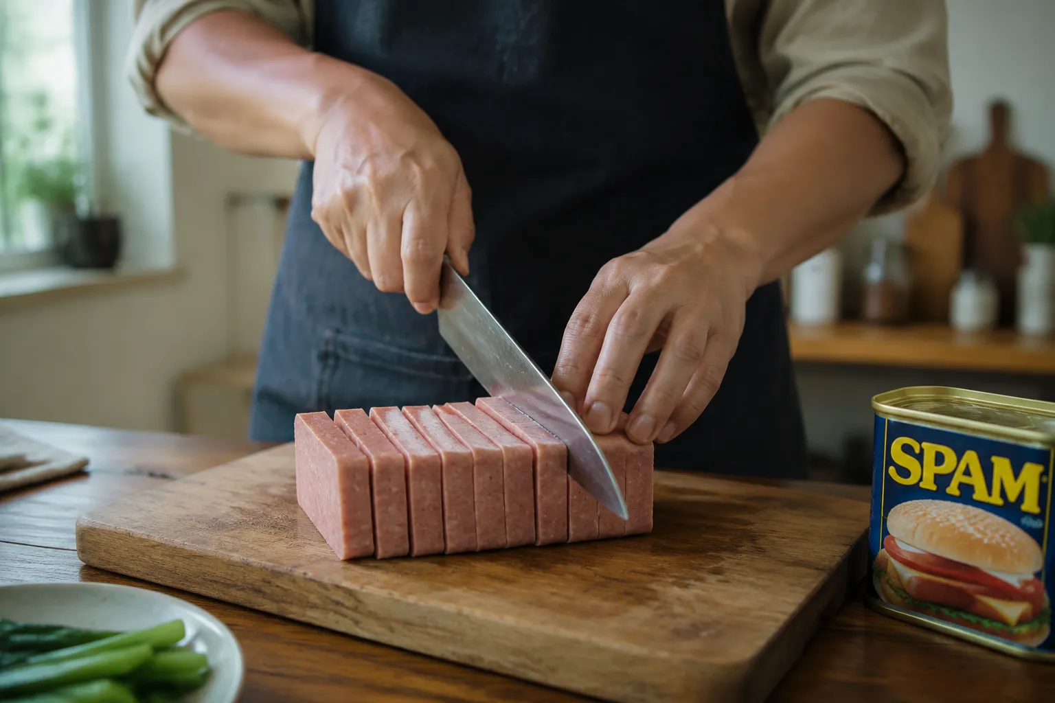 Slicing Spam into even slabs for musubi