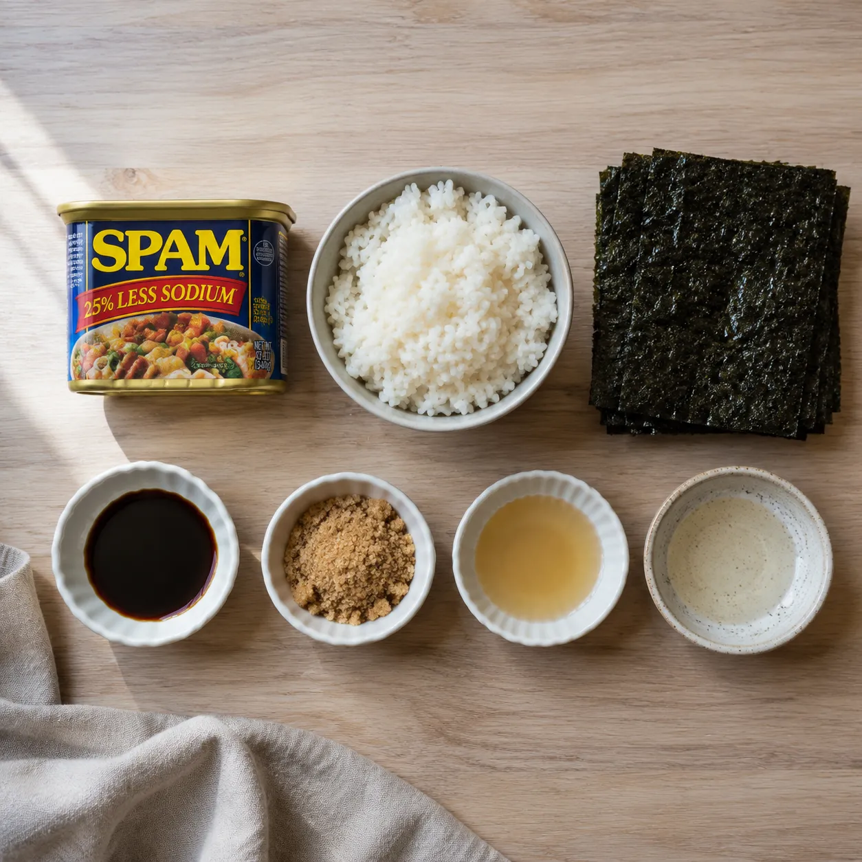 Ingredients for spam musubi recipe arranged in an overhead flatlay