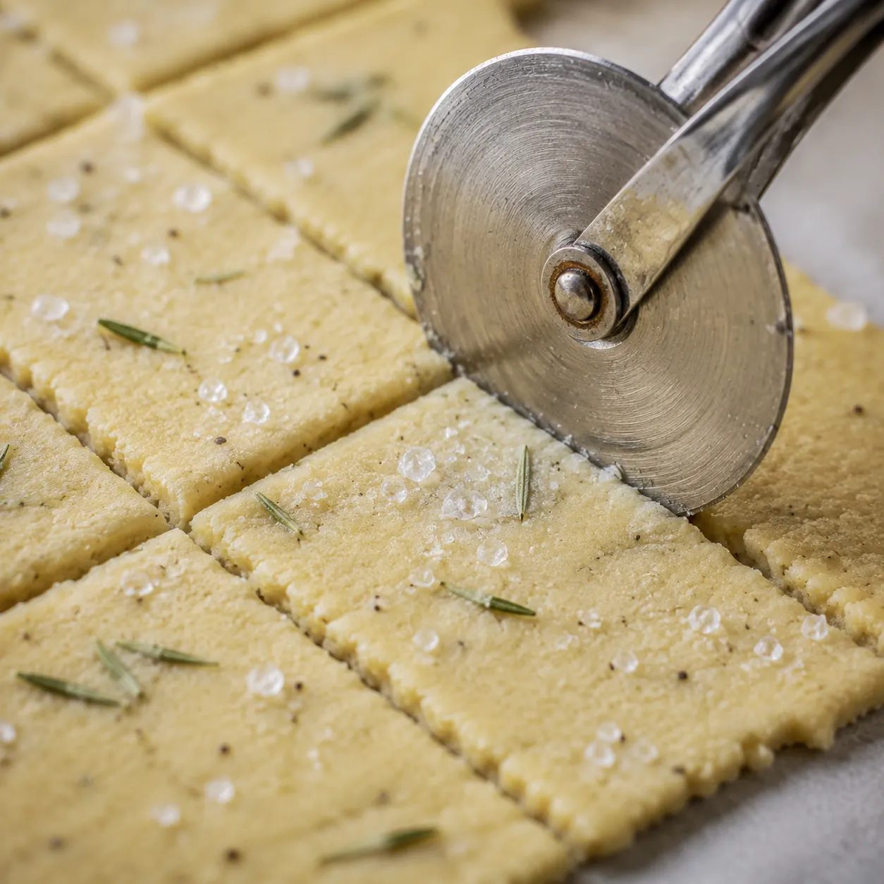 Scoring gluten free crackers into squares with flaky salt on top