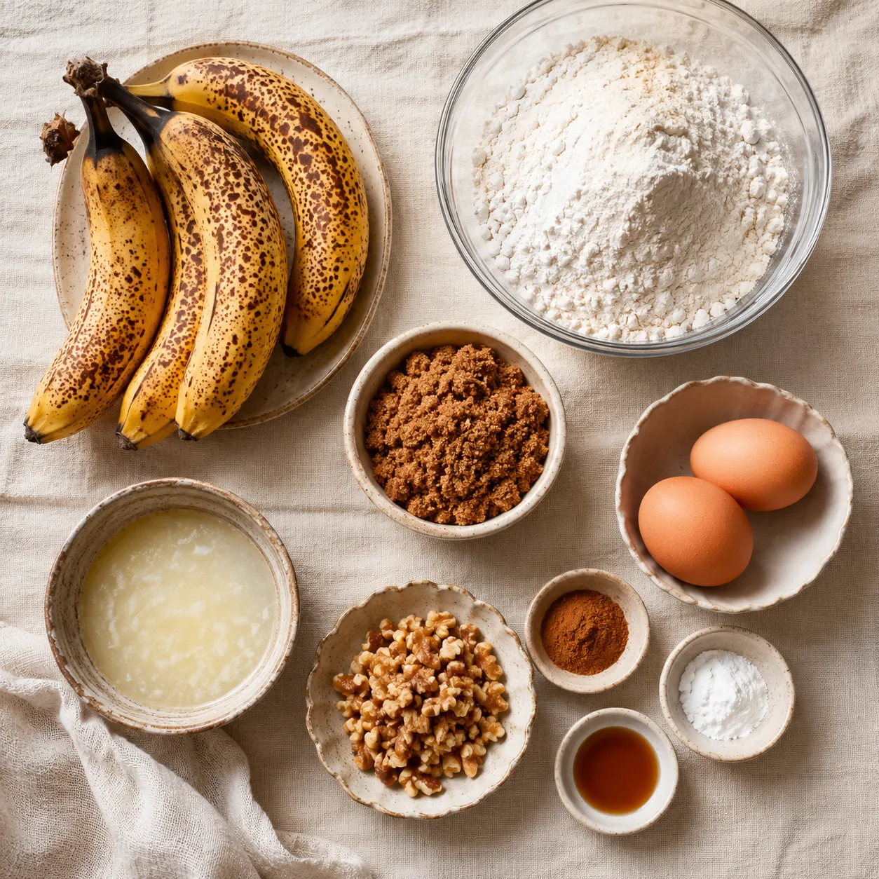 Gluten free banana bread ingredients flatlay with bananas, GF flour, and walnuts