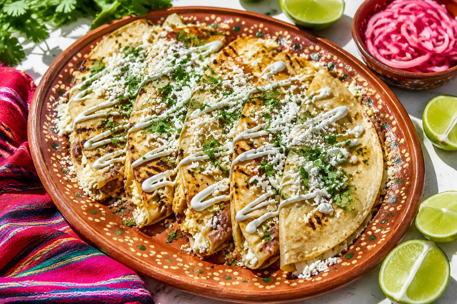 Platter of finished Honduran baleadas with lime and pickled onions