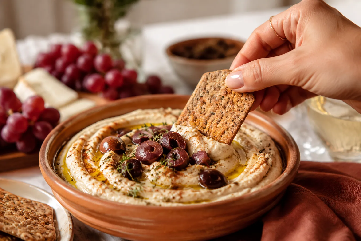 Hand dipping gluten free cracker into hummus on a snack board